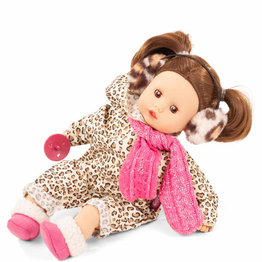 Gotz Muffin 13" doll with brown hair in pigtails wearing leopard print coat, pink scarf, and pink boots, holding a red ball