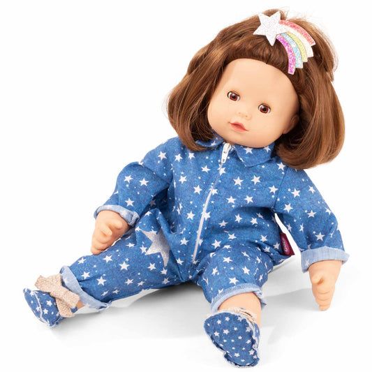 Gotz Maxy Muffin doll with brown hair and star hair clip, wearing blue star-patterned outfit with rolled cuffs and matching booties
