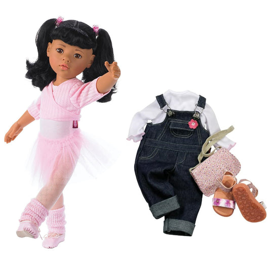 Gotz doll with black hair and pink hair clips wearing pink ballet outfit with tutu and leg warmers, shown with denim overalls, white shirt, pink bag, and brown