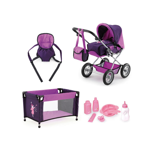 Doll pram playset with purple and pink stroller, backpack carrier, play pen, and accessories including bottles and dishes