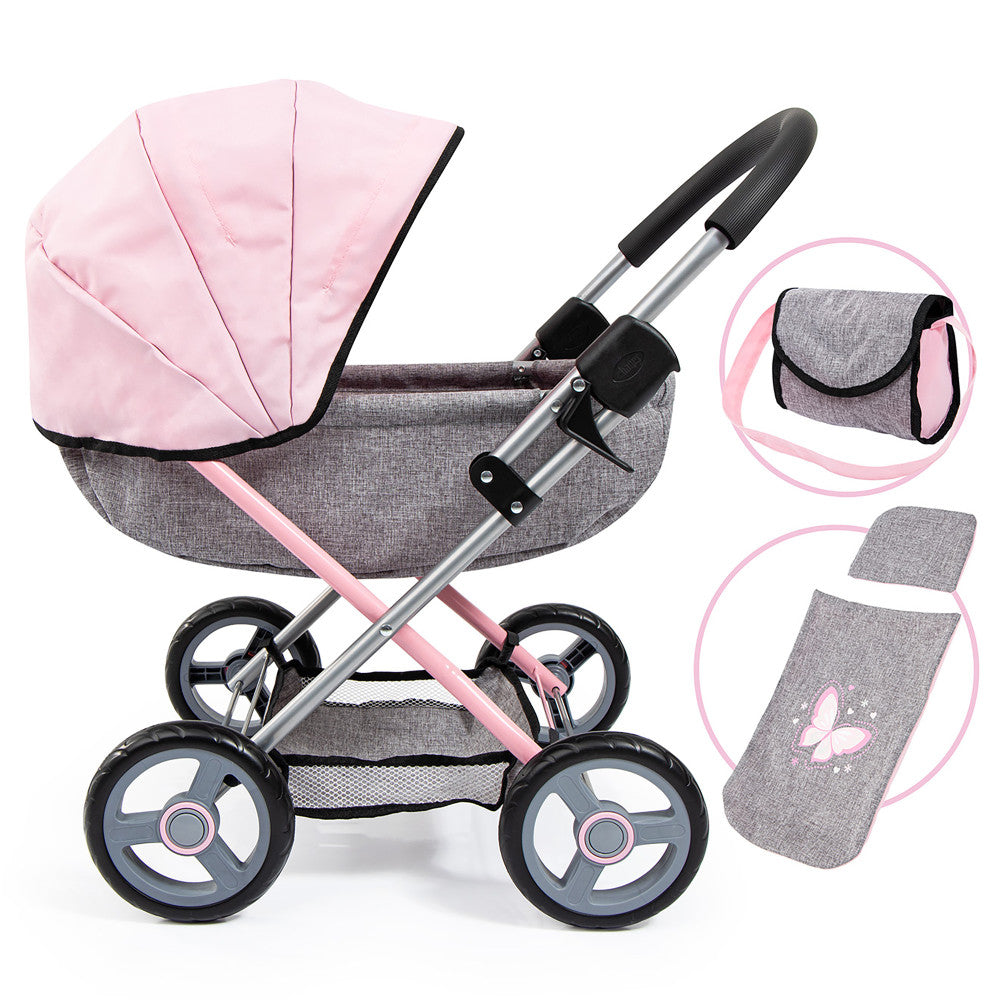 Pink and gray 4-in-1 baby doll pram stroller with silver handles, black wheels, and included accessories: diaper bag, mattress pad, and footmuff