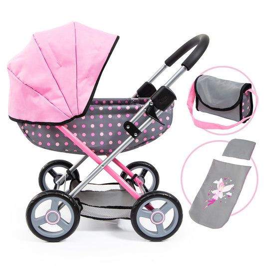 Grey and pink polka dot doll pram with pink canopy, silver handles, black wheels, and included accessories: diaper bag, footmuff, and matching blanket