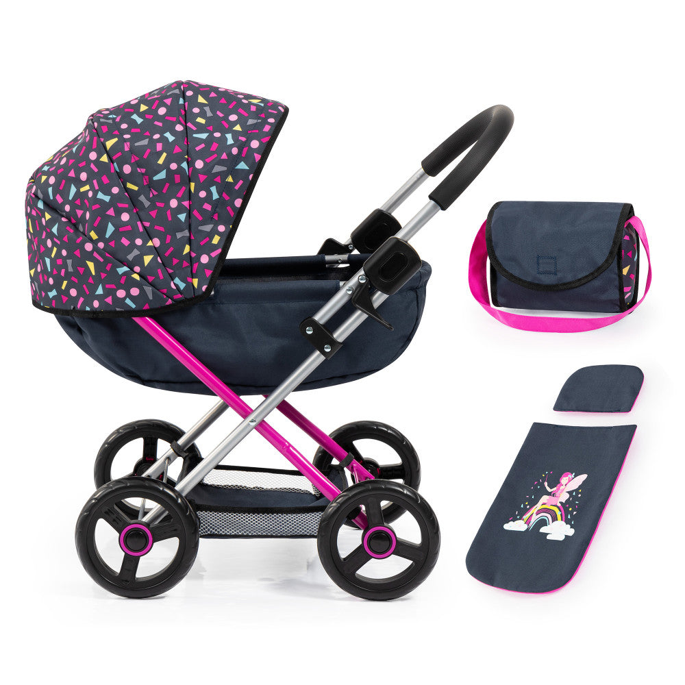 Navy and hot pink doll pram with colorful geometric canopy, silver frame, black wheels, and included accessories: diaper bag, footmuff, and sun shade