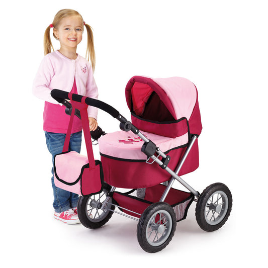 Child modeled with pink and burgundy doll pram stroller, featuring adjustable canopy, storage basket, and silver frame with black wheels