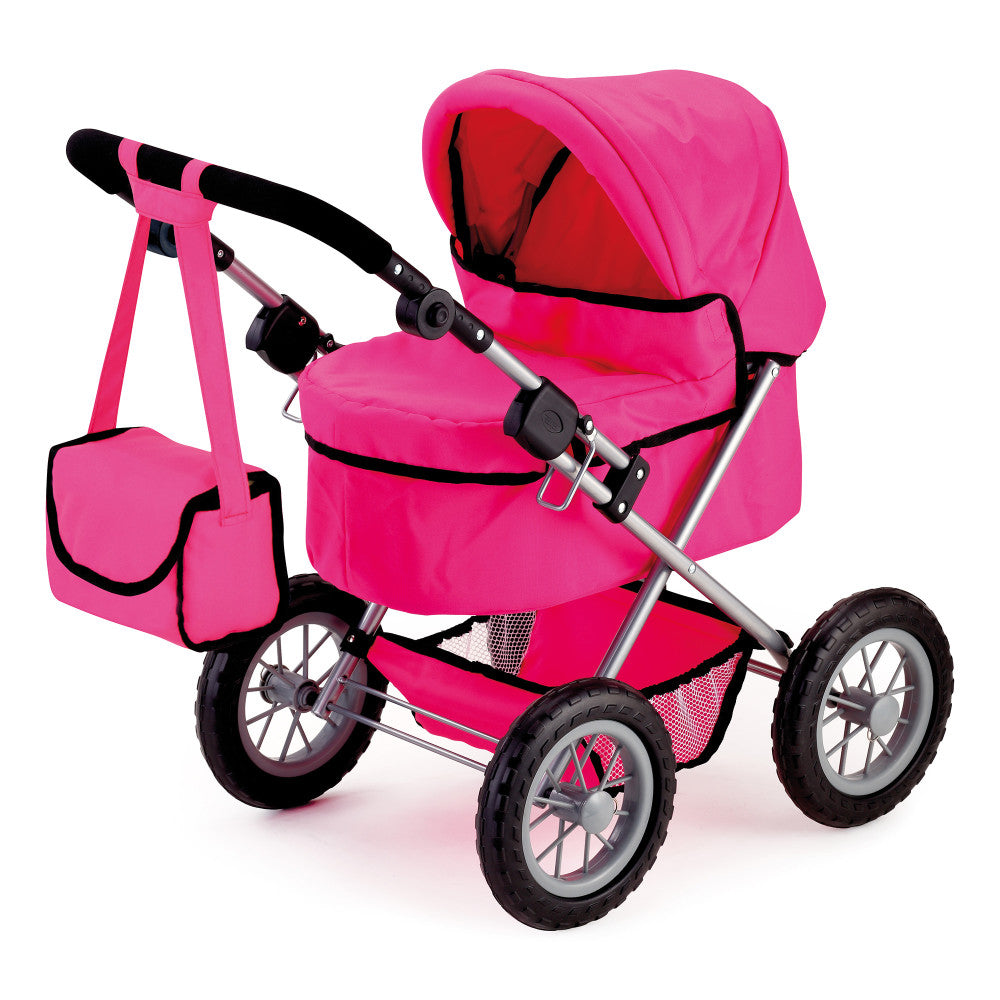 Hot pink doll pram with silver frame, black wheels, adjustable handles, canopy hood, and matching shoulder bag on plain background