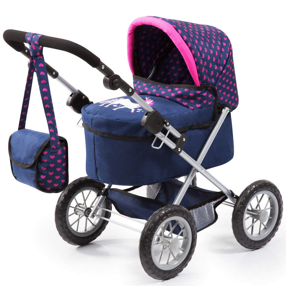 Blue and pink doll pram with heart pattern, silver frame, black wheels, adjustable handle, and matching shoulder bag