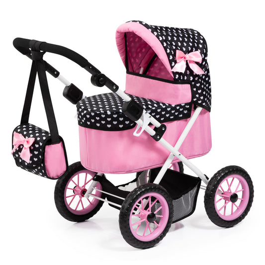 Black and pink doll pram with white heart pattern, pink wheels, and matching shoulder bag with pink bow