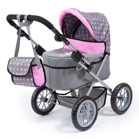 Grey and pink polka dot doll pram with pink hood, silver frame, black handles, matching shoulder bag, and black wheels on plain background