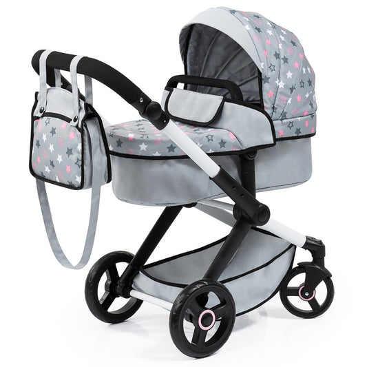 Gray doll pram with pink and white stars, black and white handles, matching diaper bag, and black wheels