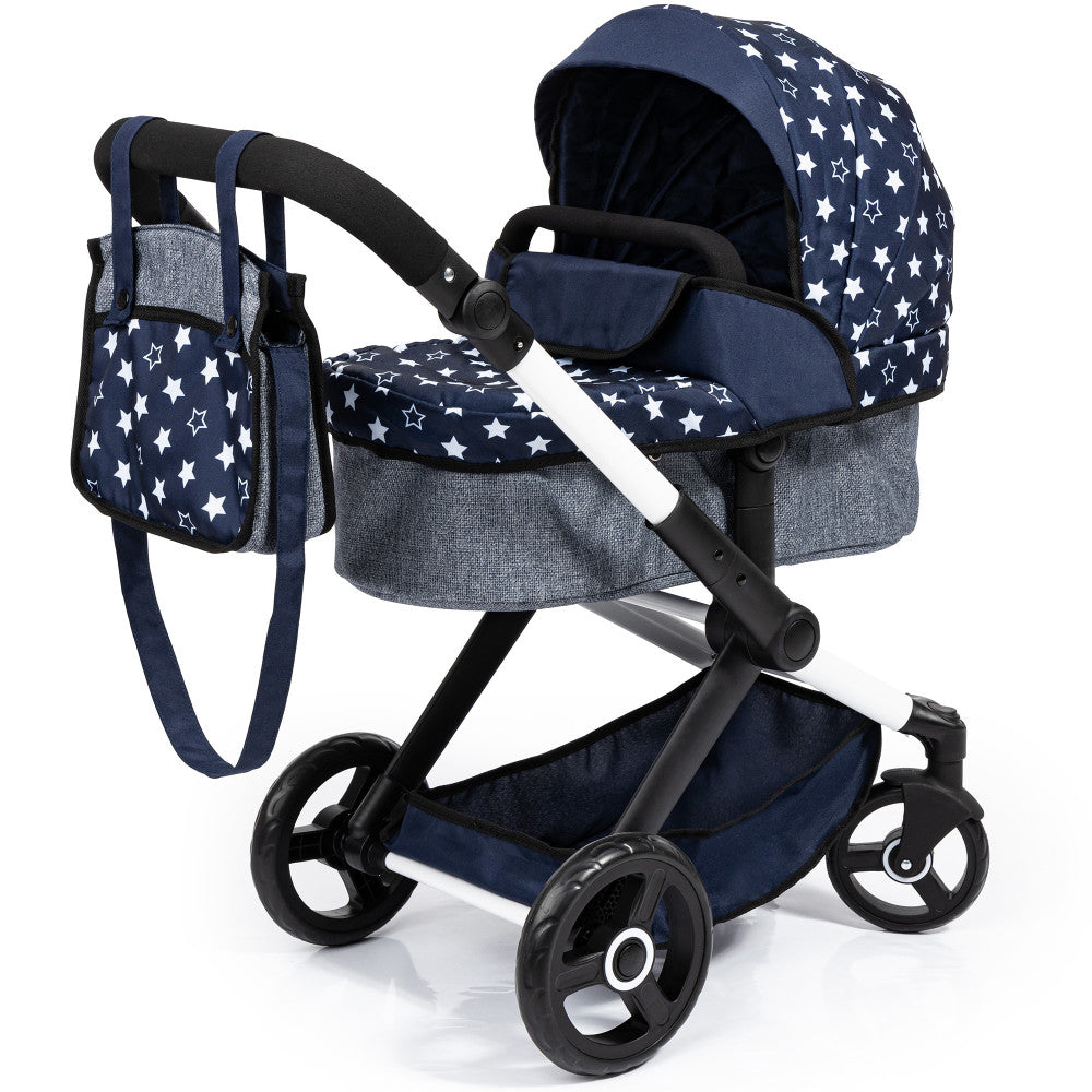 Doll pram with navy blue and white star fabric, gray basket, black handles and frame, matching diaper bag, and black wheels