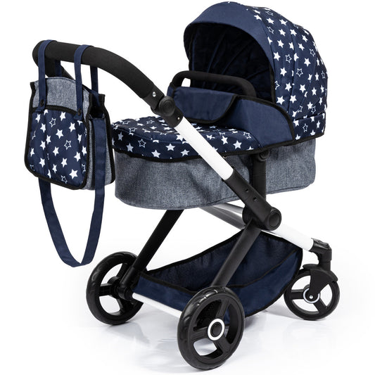 Doll pram with navy blue and white star fabric, gray basket, black handles and frame, matching diaper bag, and black wheels