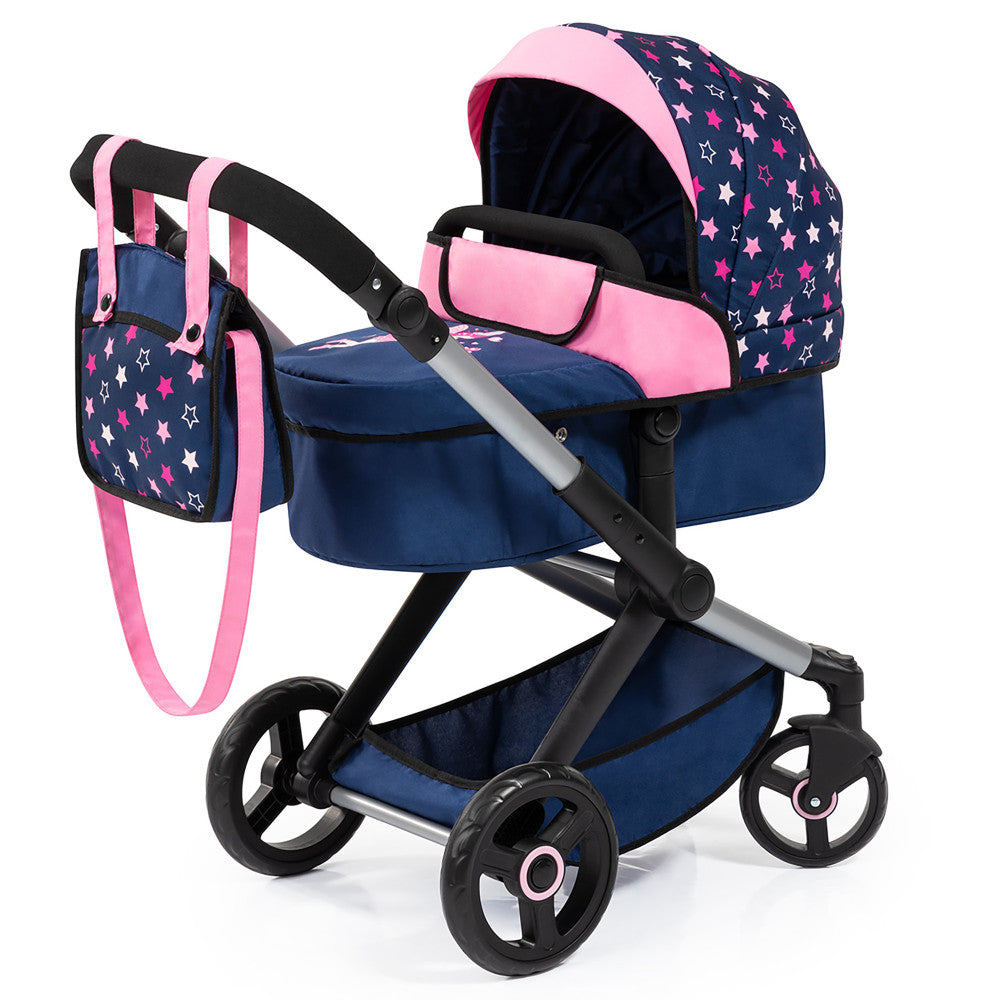 Doll pram with navy fabric featuring pink and white stars, pink handles, and adjustable canopy hood on black frame with wheels