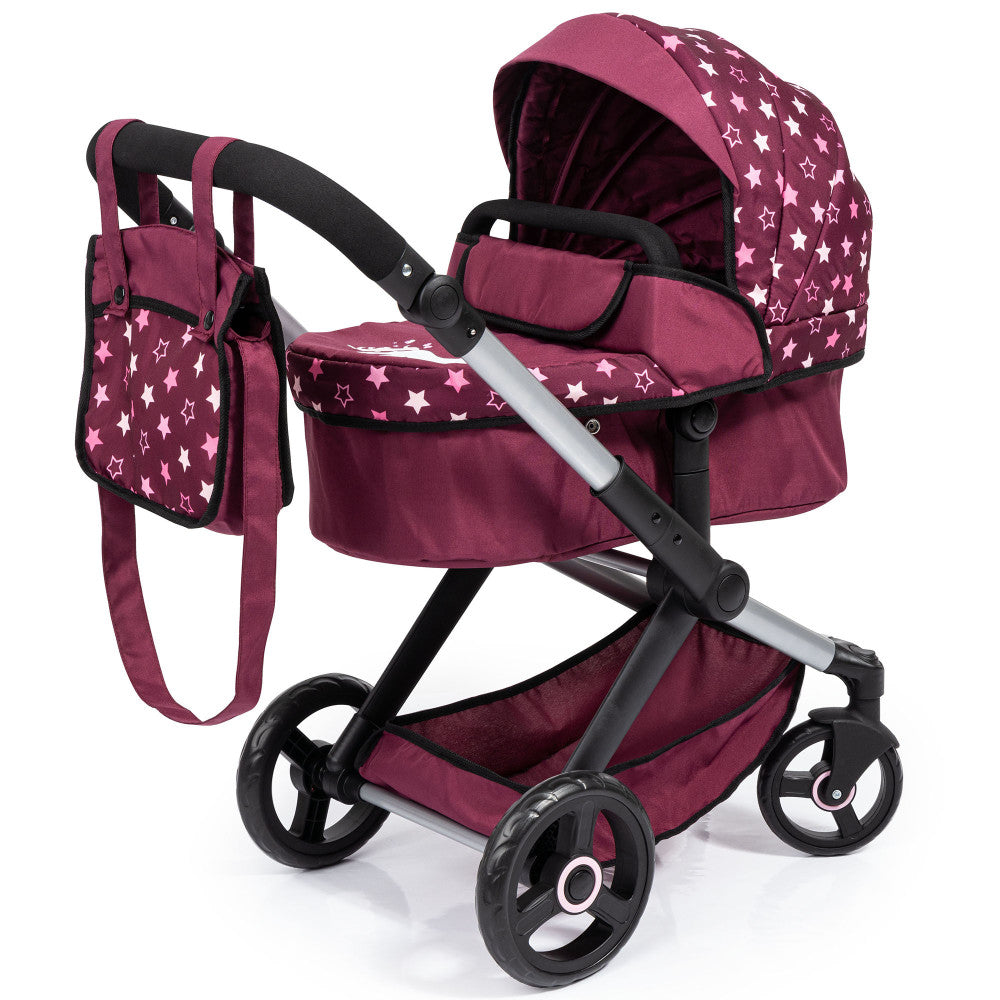 Burgundy doll pram with white star pattern, black frame, matching diaper bag, and black wheels on plain background