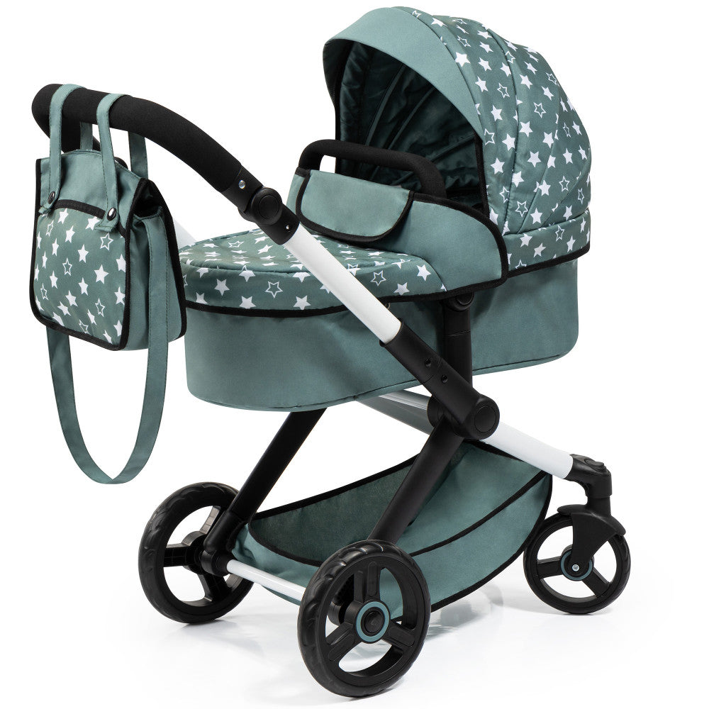 Doll pram with green and white star pattern, black frame, matching diaper bag, and black wheels on plain background