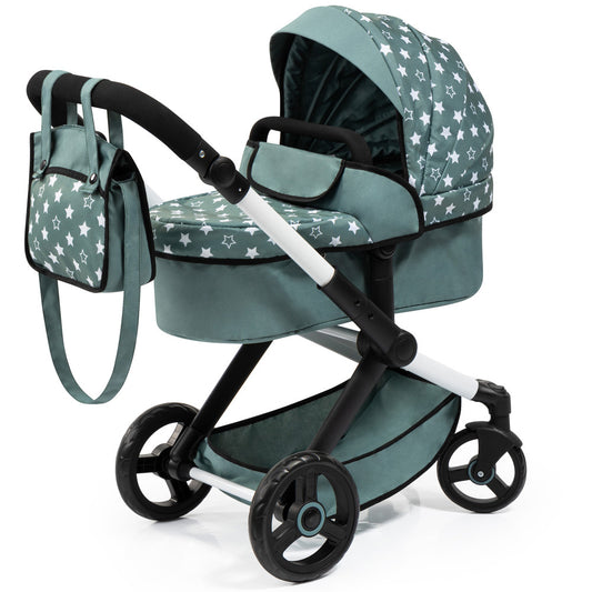 Doll pram with green and white star pattern, black frame, matching diaper bag, and black wheels on plain background