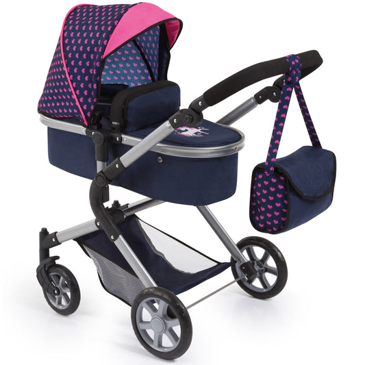 Blue and pink doll pram with heart-patterned canopy, silver frame, black handles, matching diaper bag, and four wheels
