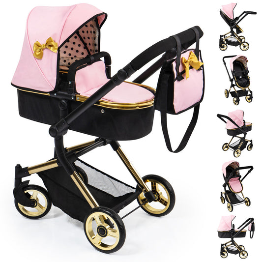 Pink and black doll pram with gold accents, featuring a canopy with gold bow, polka dot interior, and multiple viewing angles shown on right