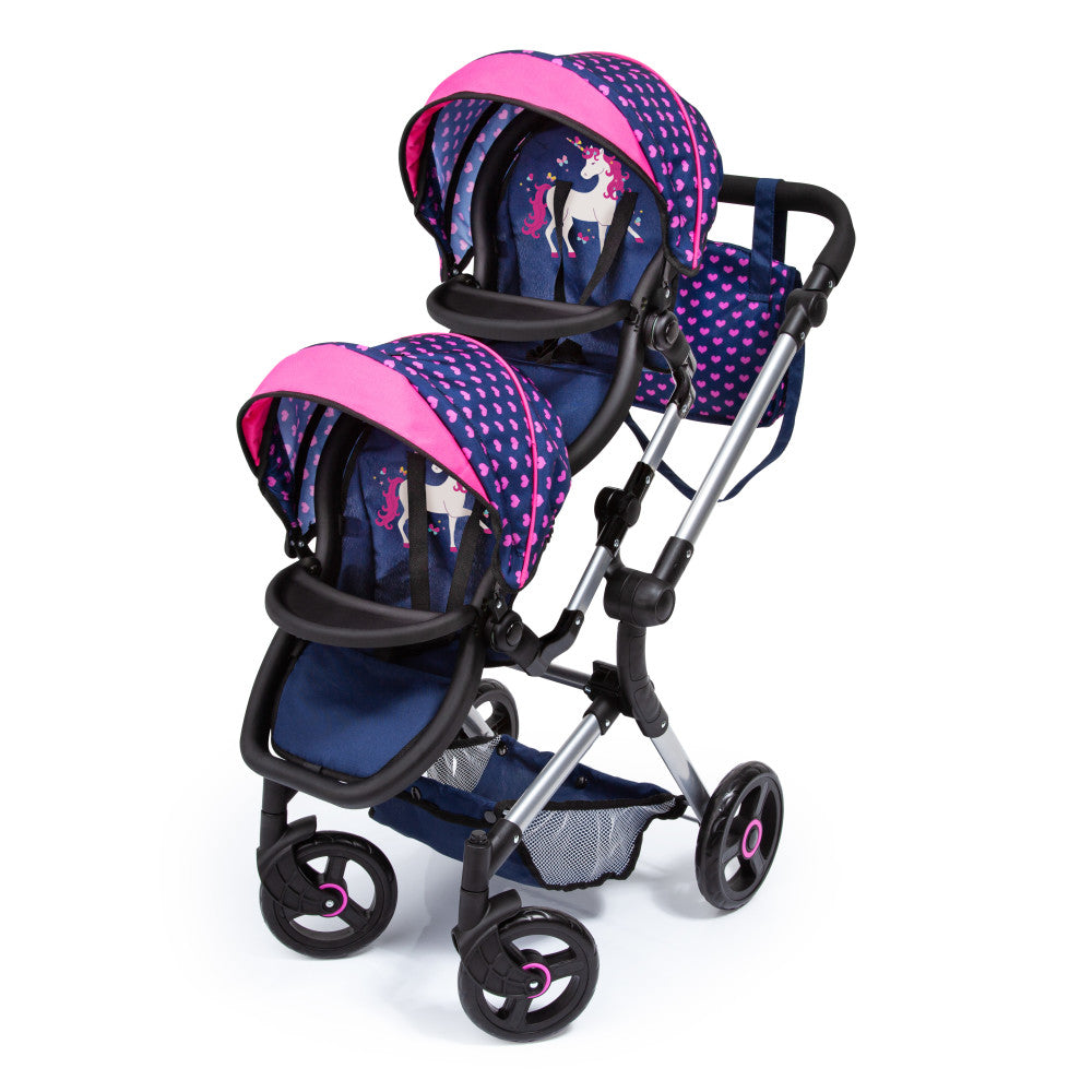 Twin doll pram with navy blue and hot pink polka dot canopies, unicorn design on seats, silver frame, black handles and wheels