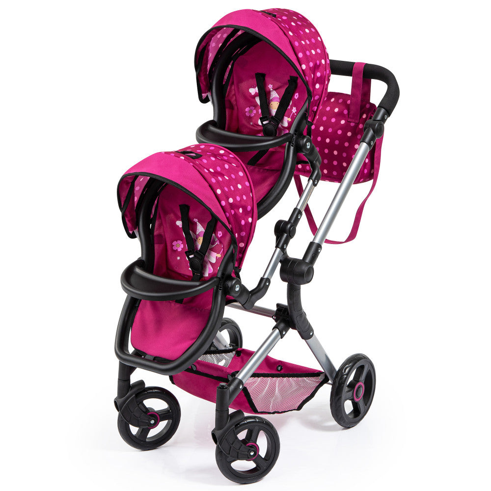Hot pink twin doll pram with polka dots and fairy theme, featuring silver frame, black handles, two hoods, and black wheels