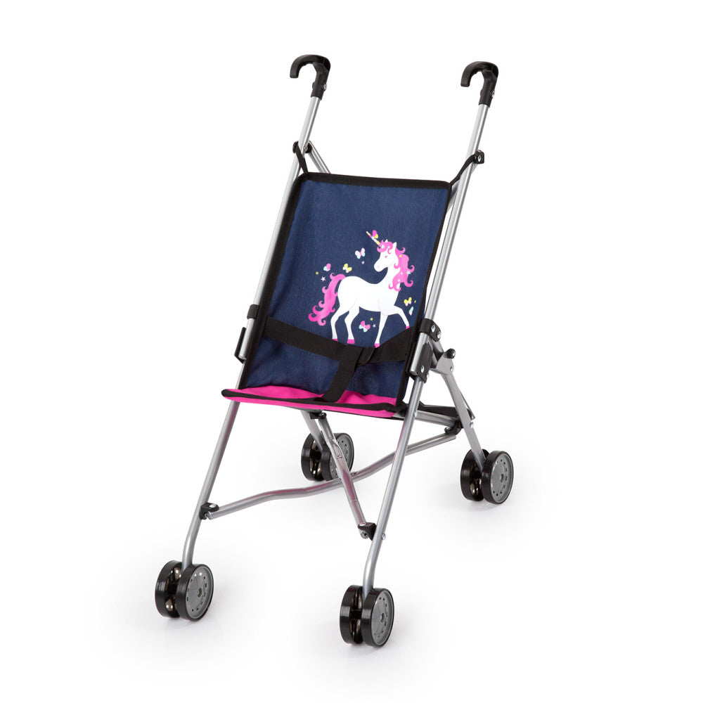 Doll stroller with silver metal frame, navy blue seat featuring white unicorn with pink mane and stars design, pink footrest, and black wheels