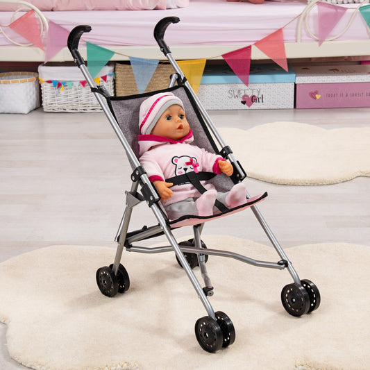 Doll umbrella stroller with silver frame and grey fabric seat, modeled by an 18-inch doll in pink outfit and white headband, in a playroom setting with storage