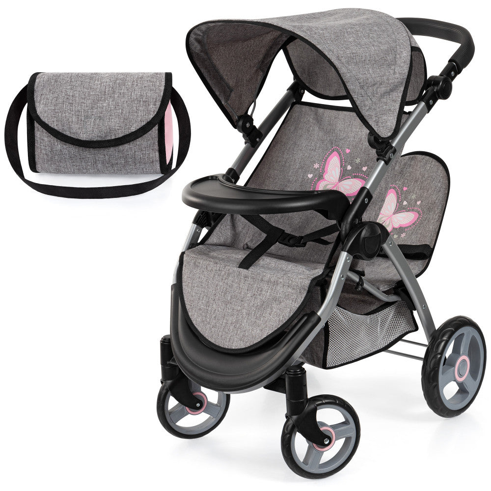Grey and black doll stroller with pink butterfly design on seat, includes matching grey diaper bag with black handles