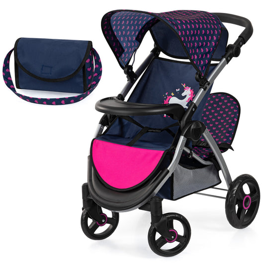 Twin Star doll stroller with unicorn theme in navy blue and hot pink, includes matching shoulder bag with pink heart pattern and black strap