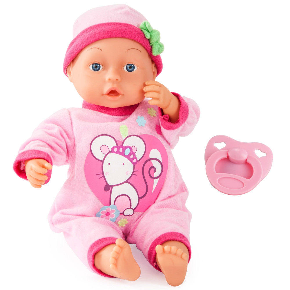 Baby doll with blue eyes wearing pink hat with green bow, pink outfit with mouse design, and matching pink booties, shown with pink heart-shaped pacifier