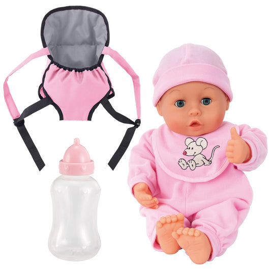 Baby doll wearing pink outfit with mouse design and hat, includes pink and black carrier with gray hood, and bottle accessory