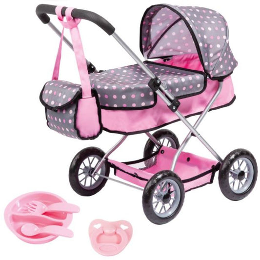 Pink and gray polka-dot doll pram with canopy, silver frame, black wheels, and included accessories: utensils and pacifier