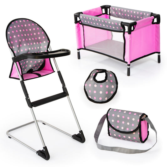 Doll furniture playset with pink and gray high chair, matching play crib, bib, and diaper bag with polka dot pattern