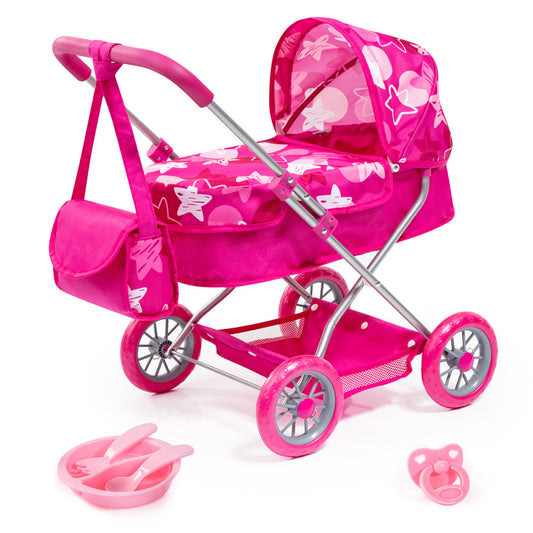 Bright pink doll pram with star pattern, silver frame, matching accessories including dish set and pacifier
