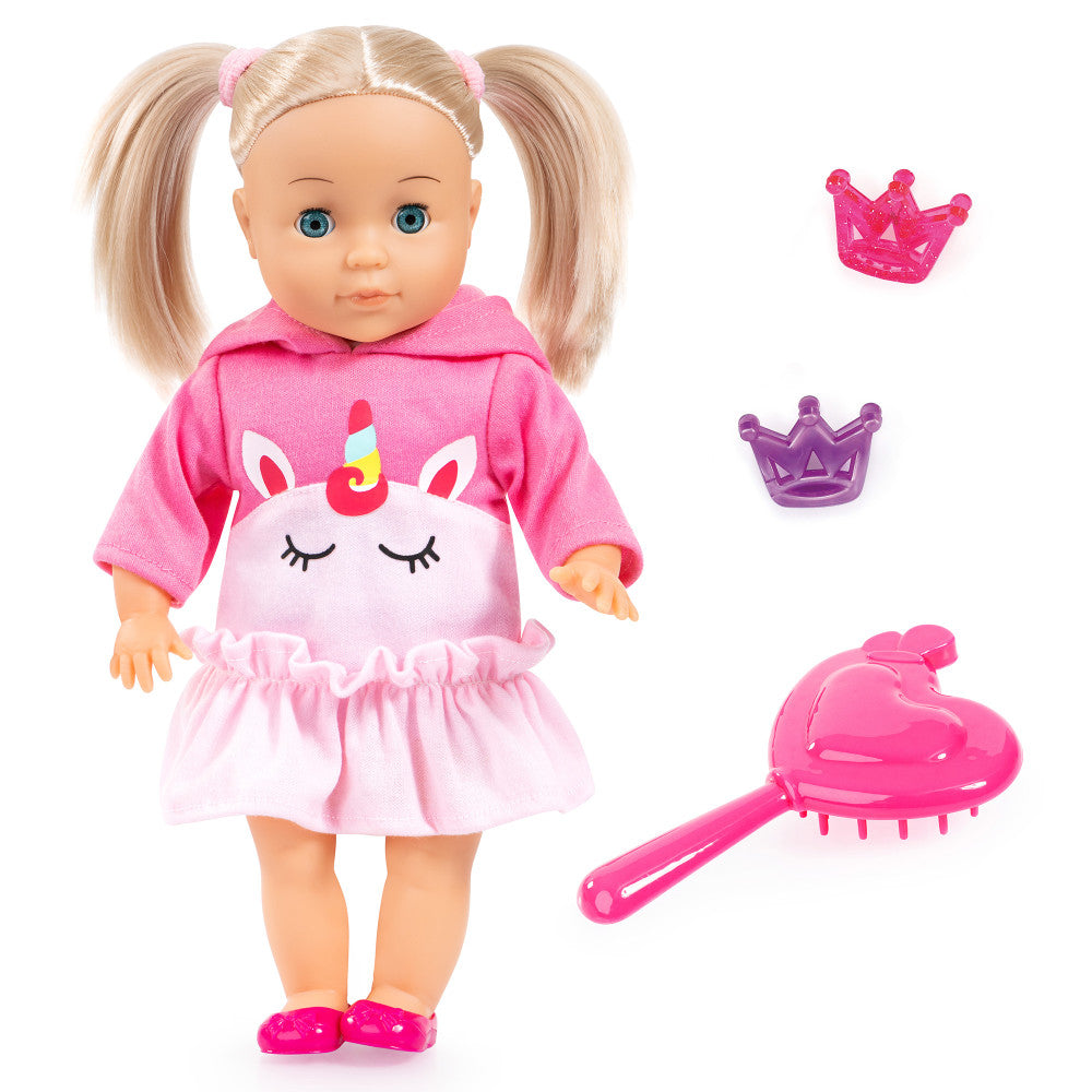 Blonde doll with pink hair bows wearing pink unicorn hoodie and tulle skirt, with crown and hair brush accessories