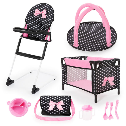 Nine-piece doll travel set with black and white heart-patterned highchair, port-a-crib, carrier bag, plate, and utensils in pink and black