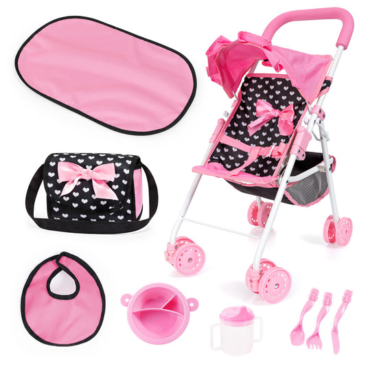 Doll stroller playset with pink canopy and white frame, black seat with white heart pattern and pink bow, includes pink sunshade, black and pink diaper bag, bib