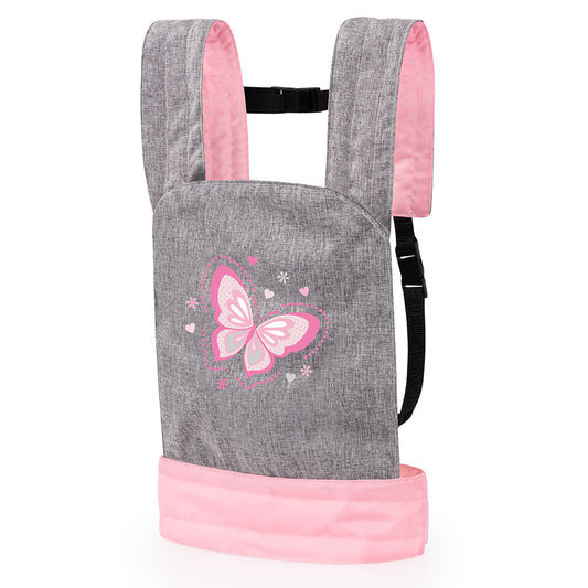 Doll carrier with grey and pink fabric, butterfly design on front, adjustable shoulder straps with black trim and side handle