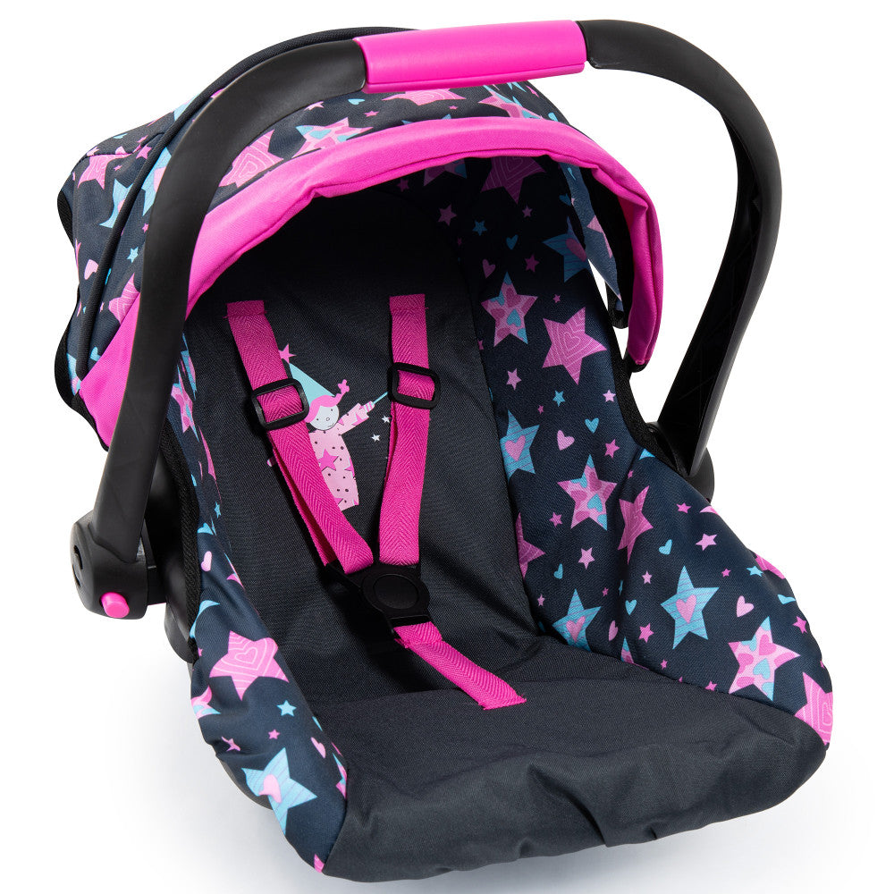 Doll car seat with black fabric, pink and blue star pattern, pink trim, black handles, and pink safety straps