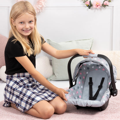 Bayer Design Dolls: Deluxe Car Seat - Grey, Pink, Stars - Accessory For Dolls Up To 18"