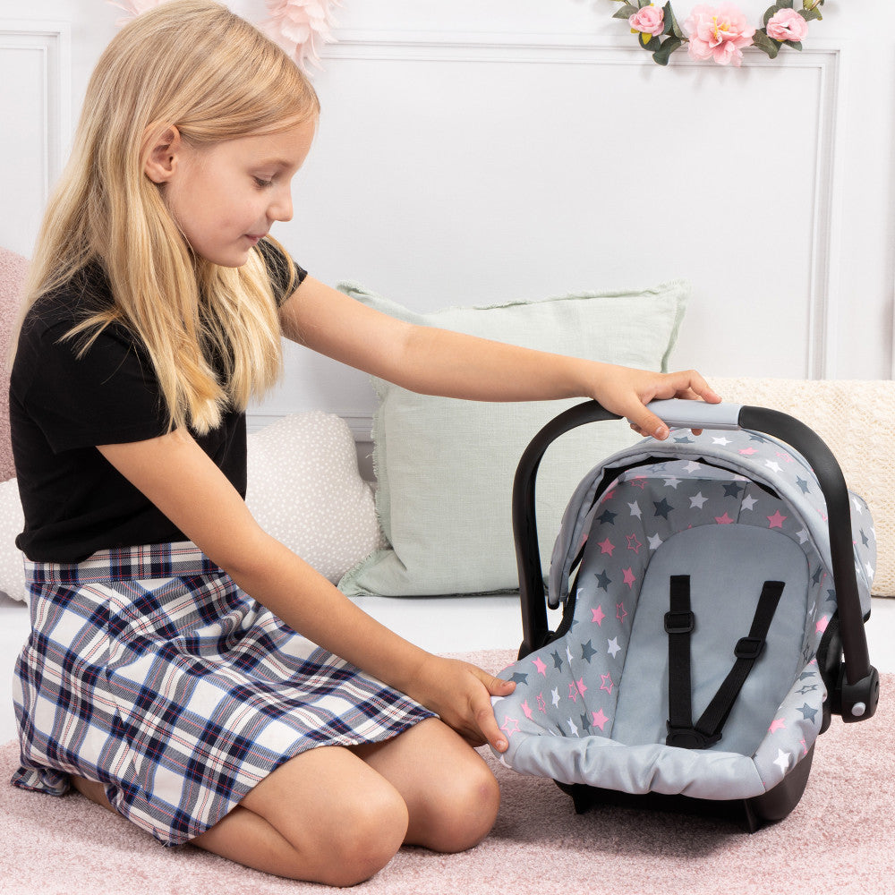 Bayer Design Dolls: Deluxe Car Seat - Grey, Pink, Stars - Accessory For Dolls Up To 18"