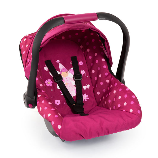 Pink and black doll car seat with polka dot and flower pattern, black handles, and fairy character design on canopy