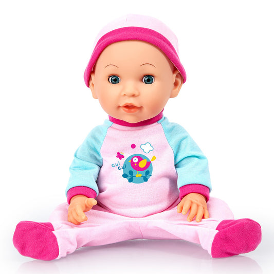 Baby doll with blue eyes wearing pink and blue outfit with bird graphic, pink hat, and matching socks on plain background