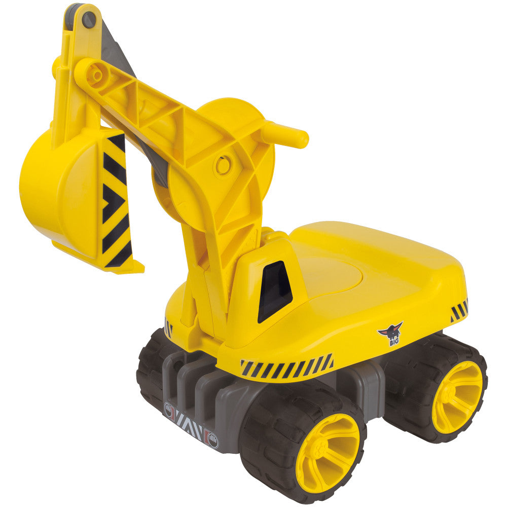 Yellow and black ride-on digger excavator toy with large wheels and articulated bucket arm