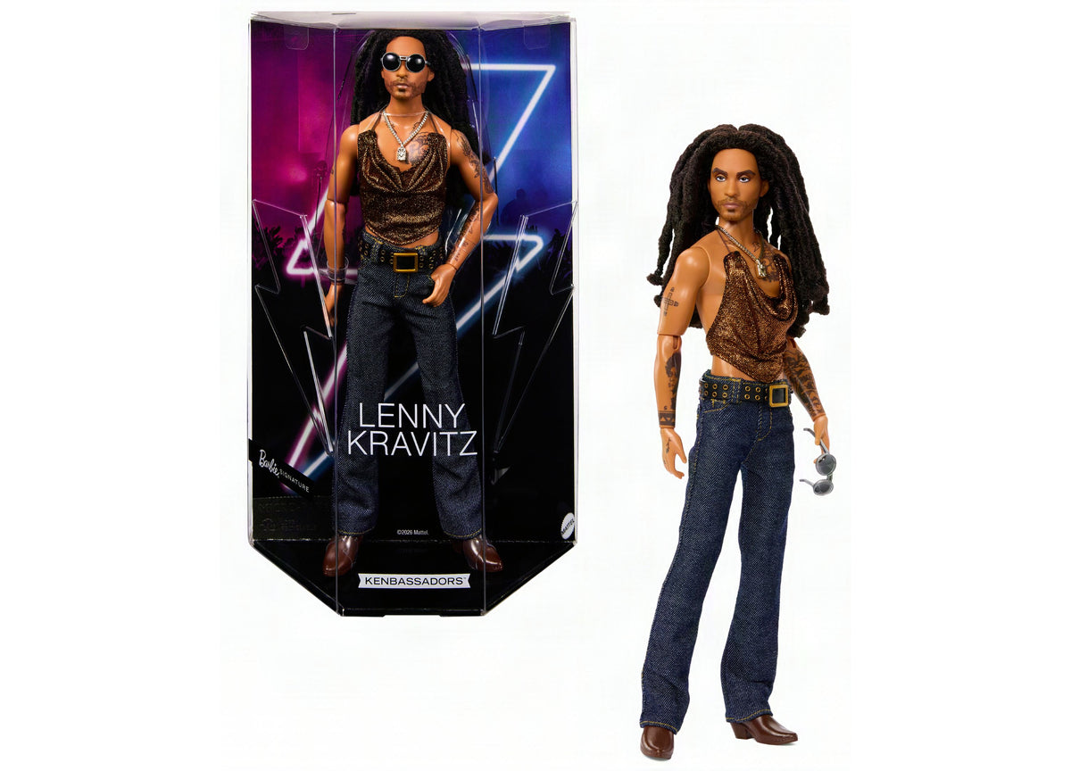 Barbie Kenbassadors Lenny Kravitz 13-inch collectible doll in mesh tank, studded belt, and jeans with stand