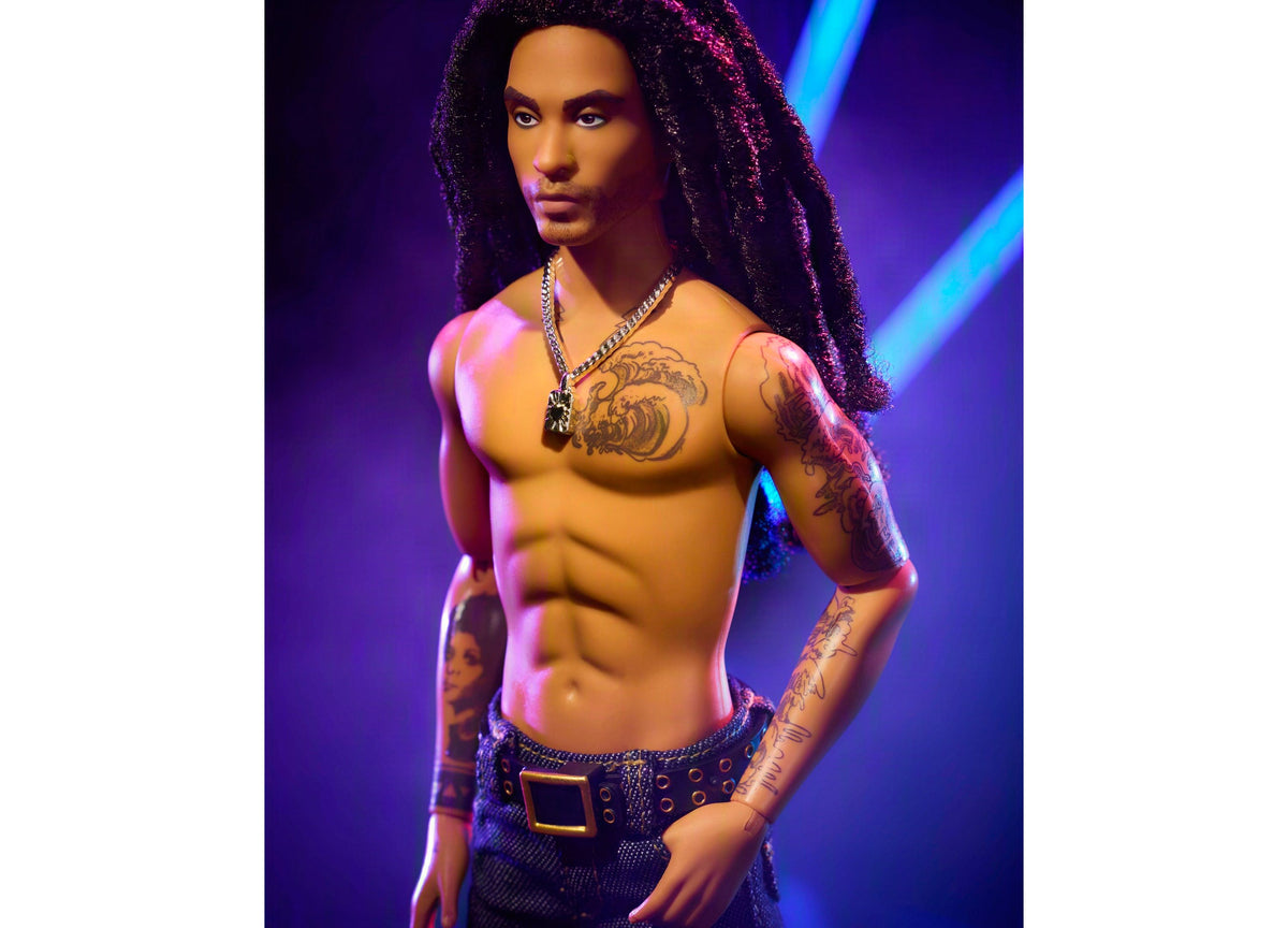 Barbie Kenbassadors Lenny Kravitz 13-inch collectible doll with long locs, mesh tank, studded belt, and jeans against...
