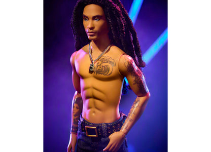 Barbie Kenbassadors Lenny Kravitz 13-inch collectible doll with long locs, mesh tank, studded belt, and jeans against...