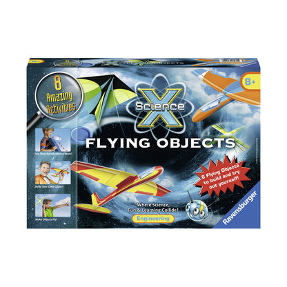Ravensburger Science X Flying Objects box showing 6 colorful foam aircraft models, activity photos, and text describing aerodynamics engineering kit for ages 8+