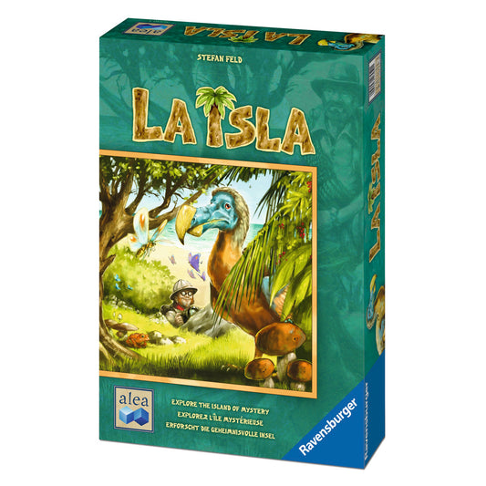 La Isla board game box by Stefan Feld and Ravensburger, featuring tropical island artwork with a dinosaur-like creature and explorer character
