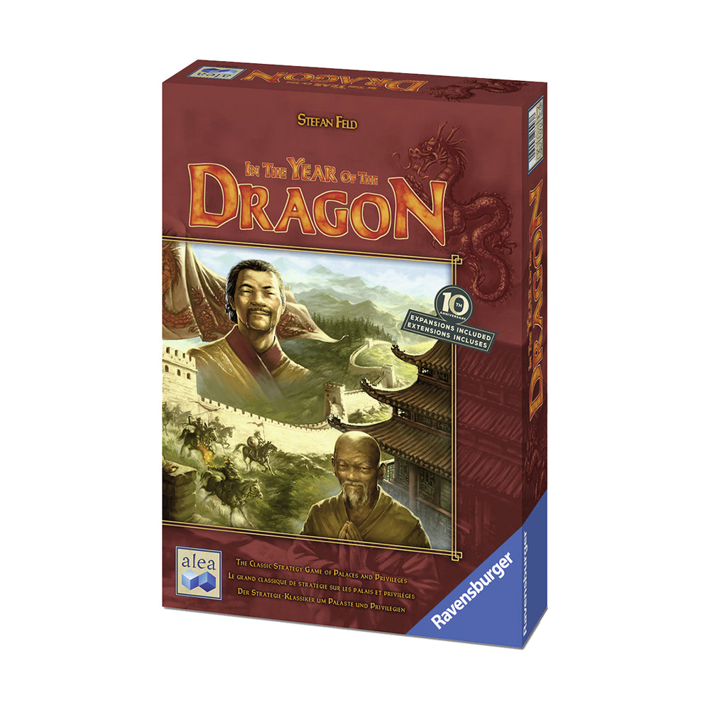 In the Year of the Dragon board game box by Stefan Feld and Ravensburger, featuring Asian-inspired artwork with dragons, mountains, and palace architecture, 10t