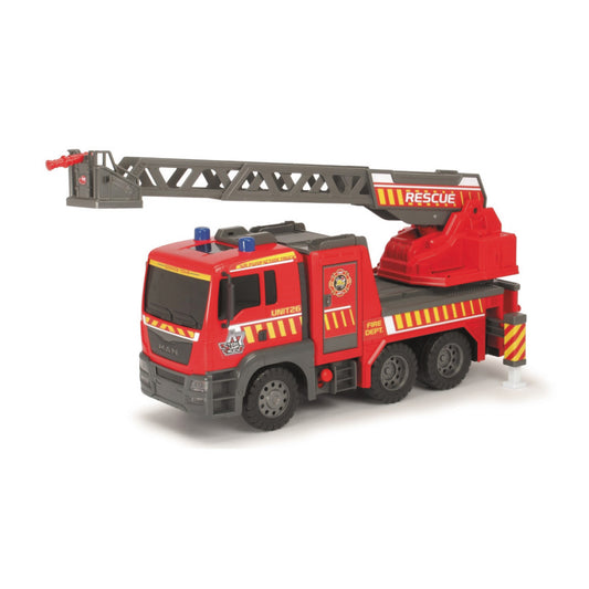 Red and black fire engine truck toy with extendable ladder and rescue basket on plain white background