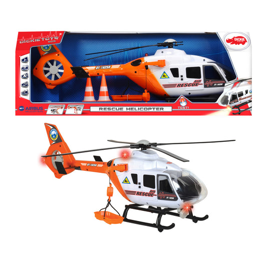 Orange and white rescue helicopter toy with rotating blades, lights, and detachable stretcher, shown in packaging and displayed separately on plain background